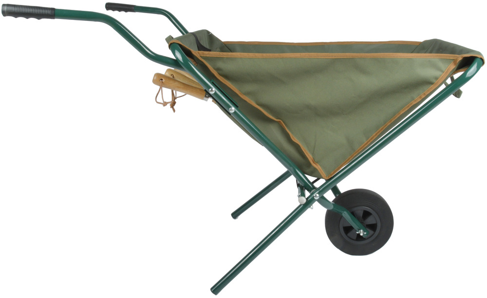 Green folding wheelbarrow with a sturdy metal frame, canvas fabric, wooden handle, and a single black wheel for easy transport in gardens.