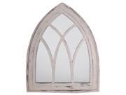 Gothic-style mirror with a white wash finish, featuring an arched top and decorative pane design, made of wood with a distressed look.