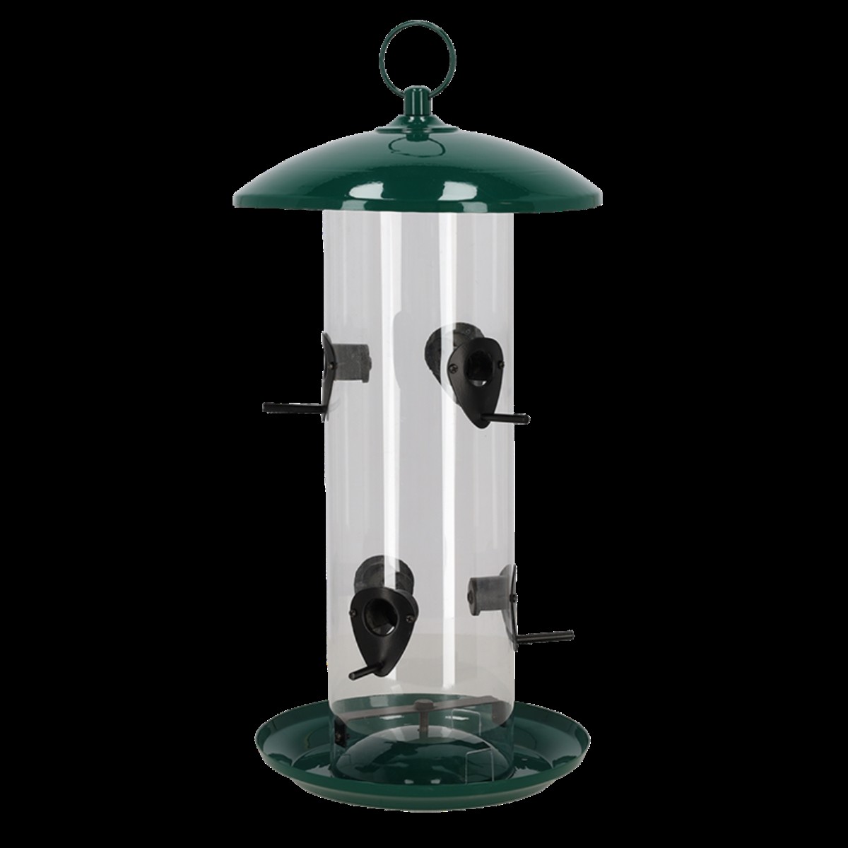 High volume bird seed feeder with a transparent cylindrical body, green metal top and base, featuring three feeding ports for easy access.