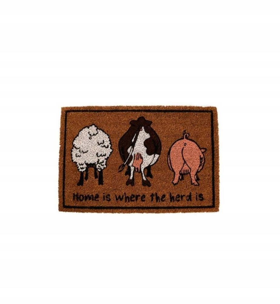 Coir doormat featuring a brown background with three farm animals—sheep, cow, and pig—illustrated in white, black, and pink, with the text "Home is where the herd is."