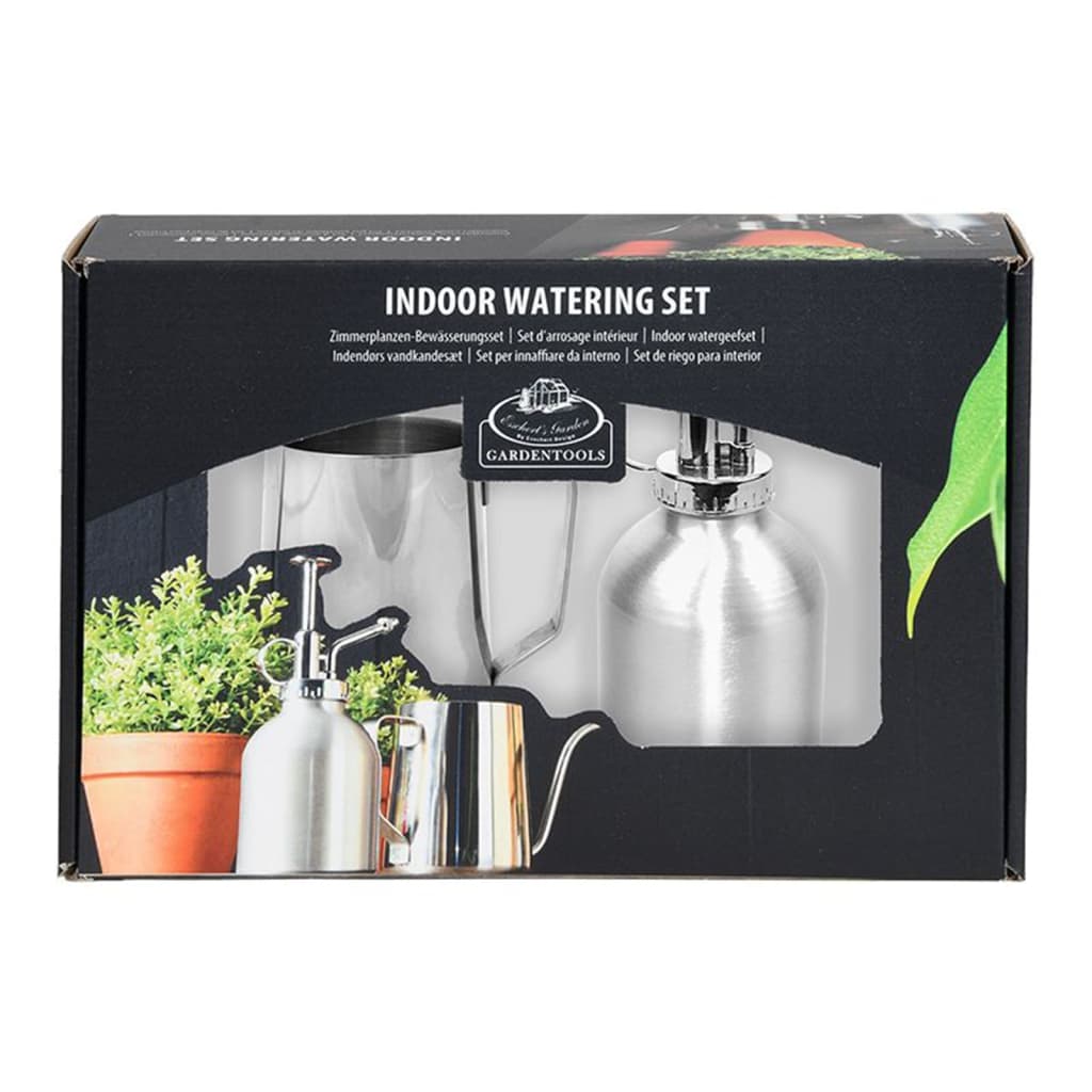 Two-piece indoor watering set featuring a sleek silver watering can and a metal spray bottle, packaged in a decorative box with plant imagery.