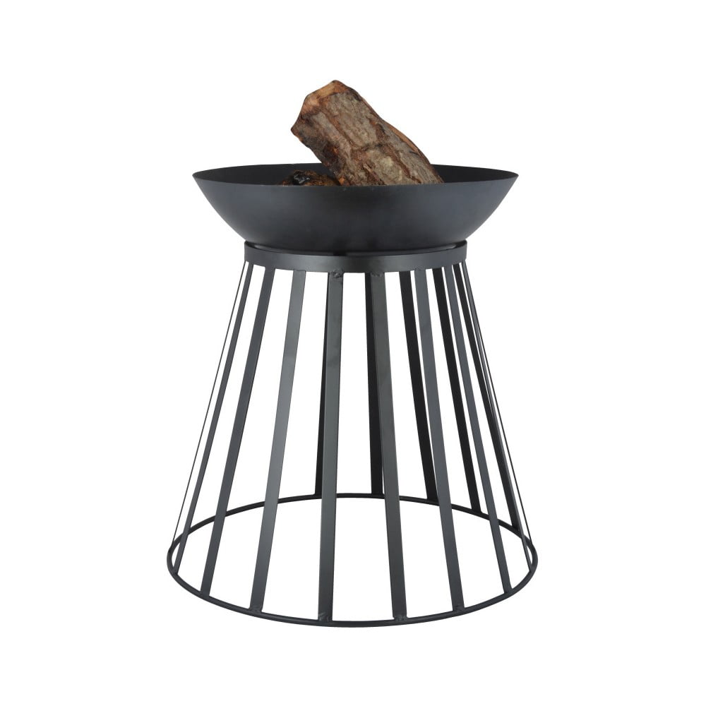 Round black metal fire pit with a bowl-shaped top, supported by a slatted base, featuring a piece of wood inside for burning.
