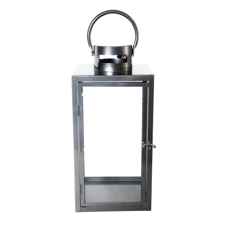 Extra large grey metal outdoor lantern with a handle, transparent glass sides, and a front door latch for easy access.