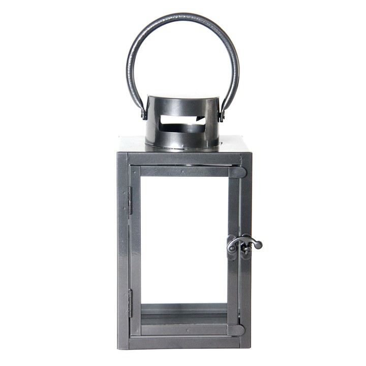 Grey outdoor metal lantern with a handle, featuring a rectangular design, open front, and a latch closure, suitable for candles or decorative lighting.