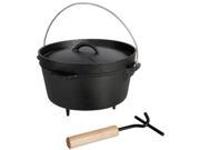 Cast iron Dutch oven in matte black with a sturdy metal handle, featuring a matching lid and a wooden handle for a lifting tool, ideal for outdoor cooking.