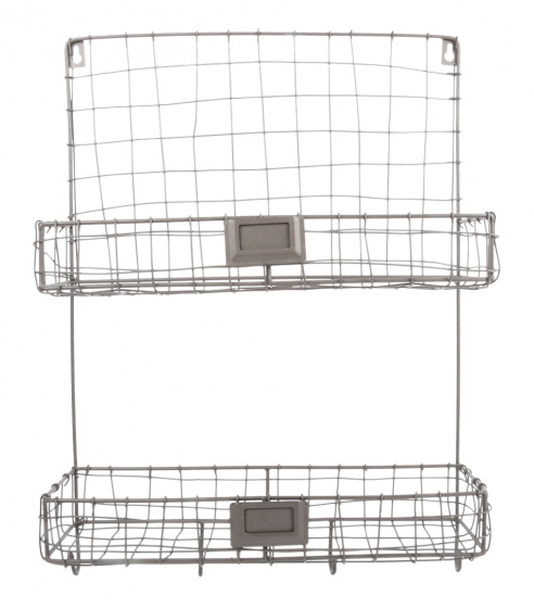 Large grey iron wire wall storage shelf featuring two spacious baskets with a grid design and rectangular labels on the front for easy organization.