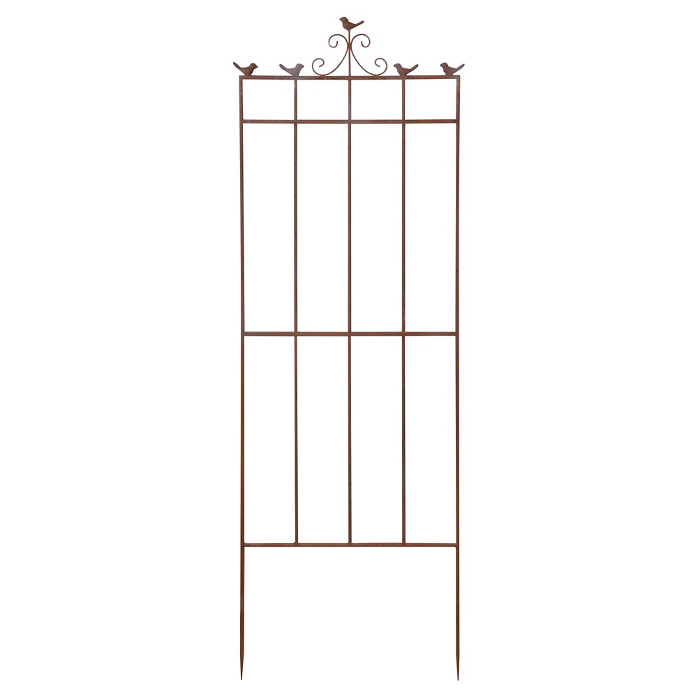 Large metal bird trellis plant support in a rust color, featuring a decorative top with bird silhouettes and vertical bars for climbing plants.