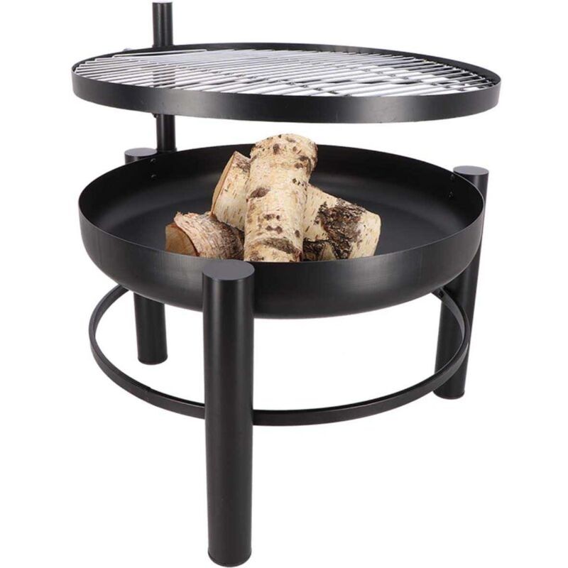 Metal fire pit with integrated cooking grill, featuring a round base, sturdy black legs, and a circular grate above, holding logs inside for a cozy outdoor experience.