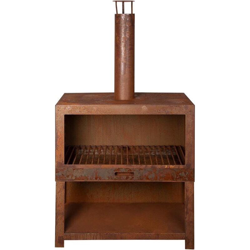 Outdoor rust-colored fireplace with integrated wood storage, featuring a tall chimney and a grill grate inside the open front, made from weathered metal.