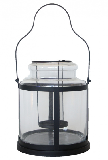 Black iron lantern with a transparent glass body, featuring a handle and a circular base, measuring 25 x 14 x 28.7 cm, ideal for decorative lighting.