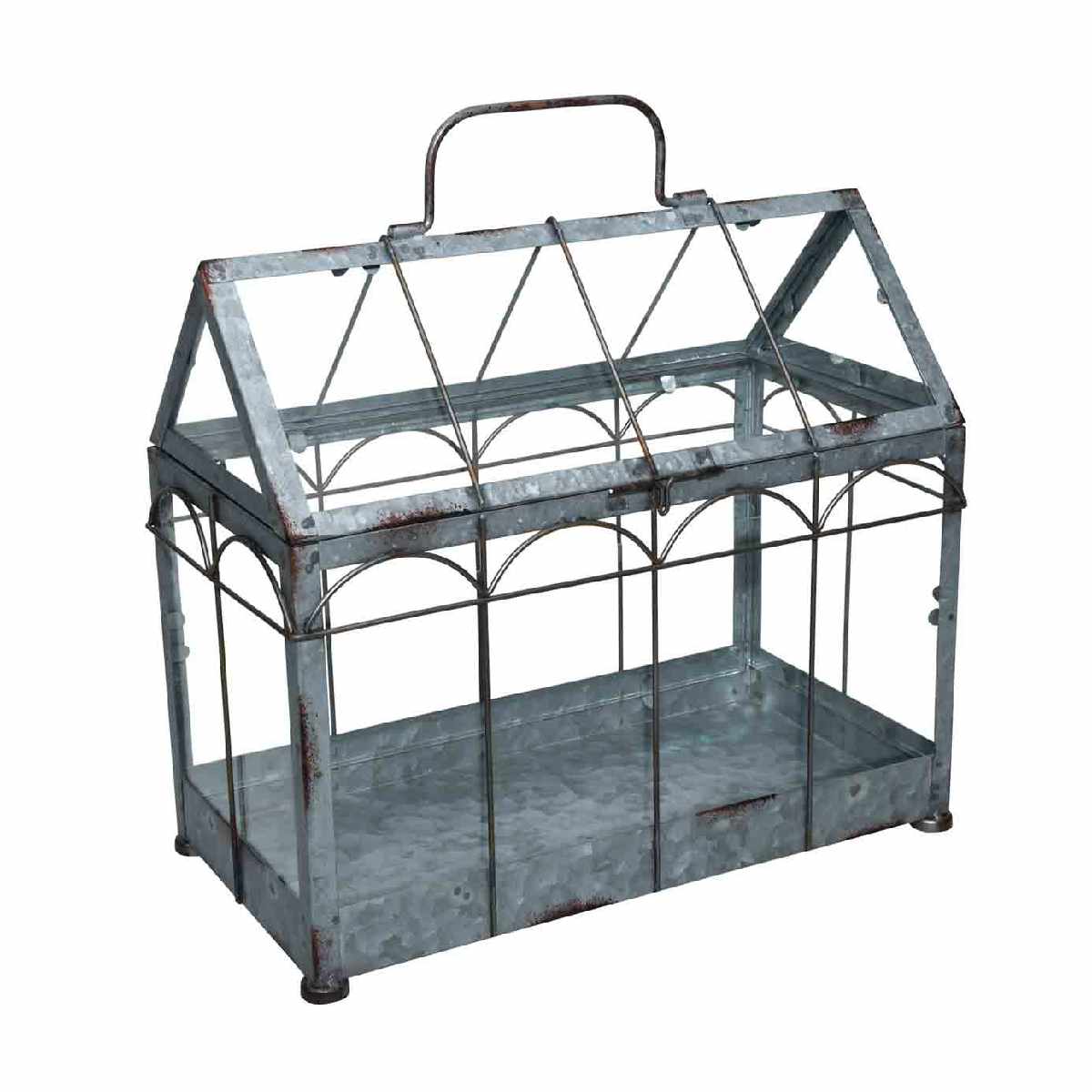Miniature greenhouse made of galvanized metal with a rustic finish, featuring a peaked roof, transparent panels, and a handle for easy transport.