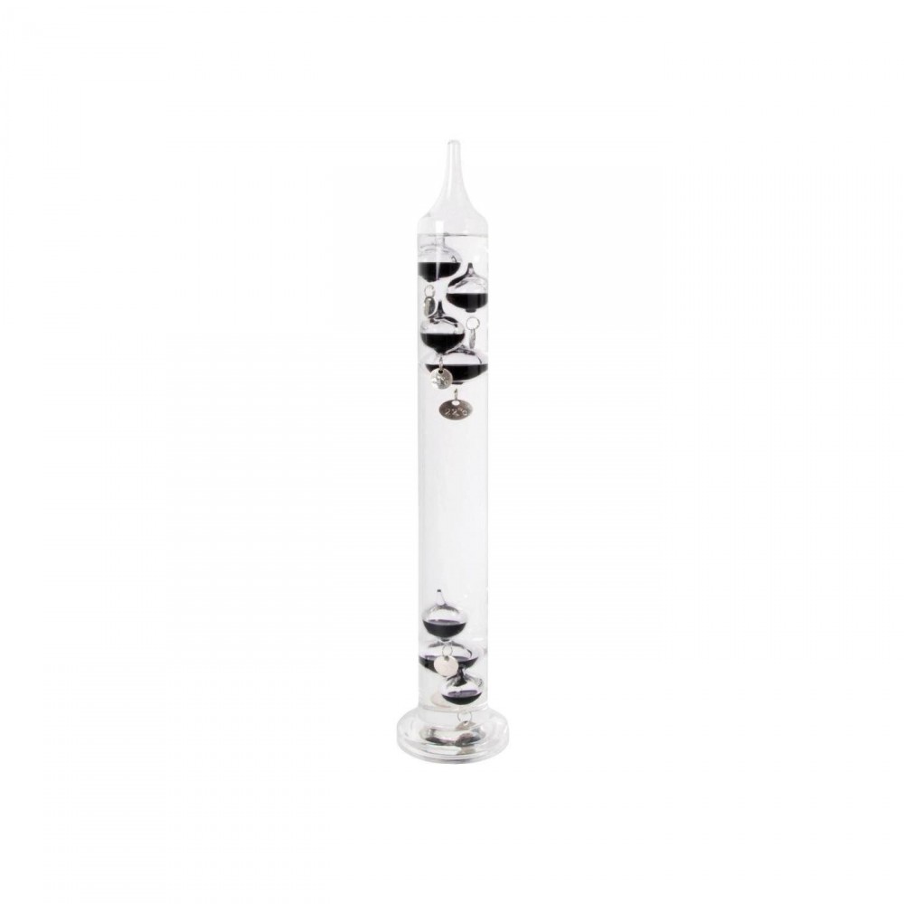 A clear glass Galileo thermometer with a tall cylindrical shape, featuring floating glass bulbs in various colors, each marked with a temperature scale.
