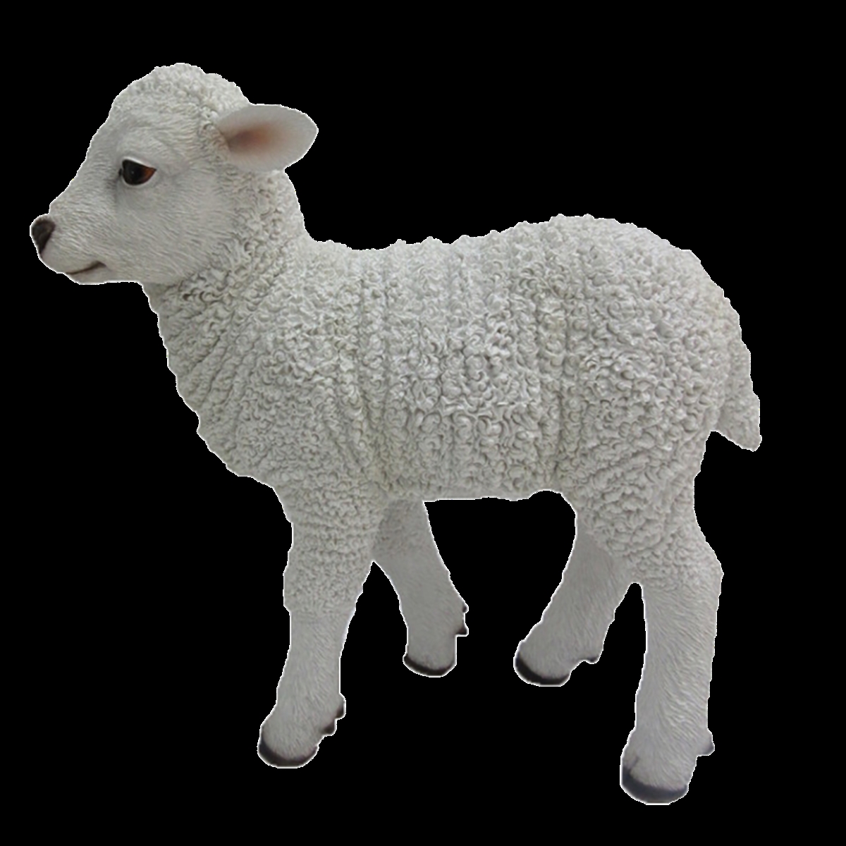 White polyresin lamb figurine with textured wool, standing on four legs, featuring detailed facial features and a gentle expression, measuring 11.2 x 27.6 x 29.3 cm.