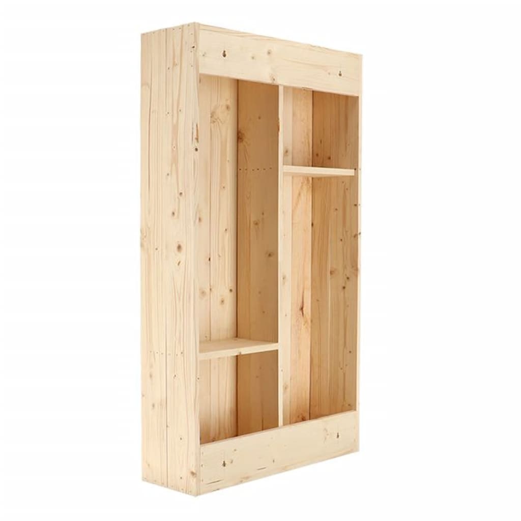 Natural wood wall bar table featuring a fold-down shelf, with a simple design and open storage compartments, ideal for patio use.