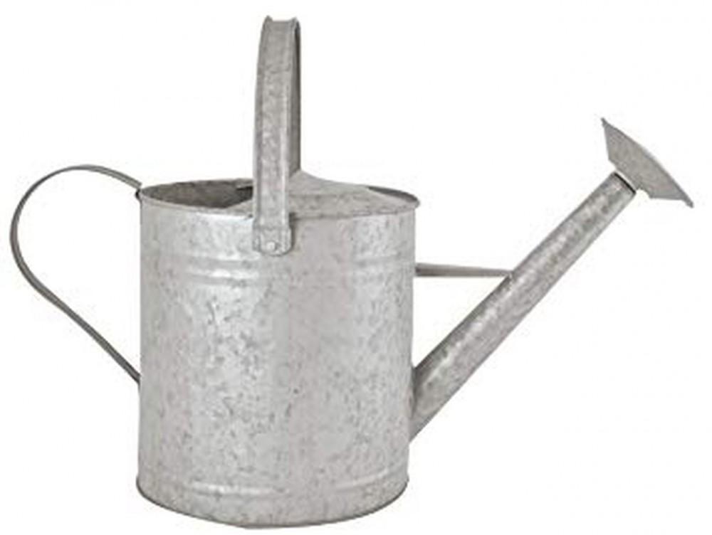 Grey zinc watering can with an 8.7-litre capacity, featuring a curved handle, a spout, and a rustic, weathered finish.