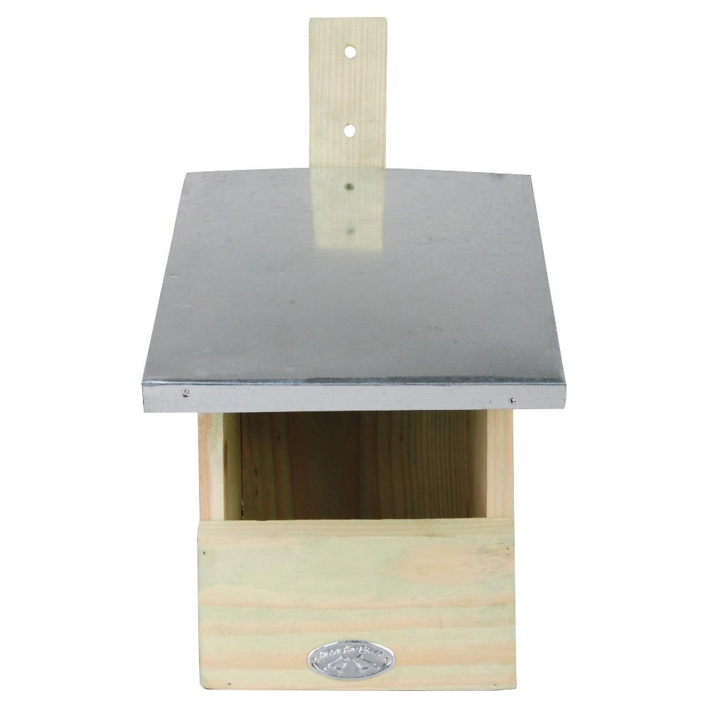 Wooden nesting box with a light green finish, featuring a metal roof and a small plaque on the front, designed for robins by Esschert Design.