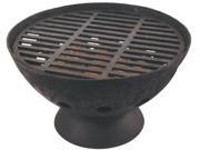 Cast iron fire bowl with a 21.5-inch diameter, featuring a sturdy grate on top and a wide, flared base for stability, finished in a dark, rustic black color.