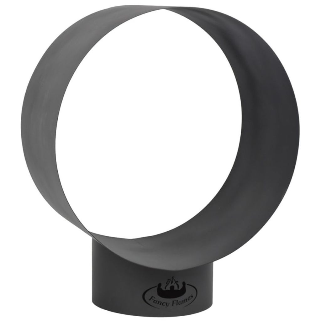 Modern round wood storage made of black steel, featuring a sleek, minimalist design with a circular opening and a sturdy base, ideal for organizing firewood.