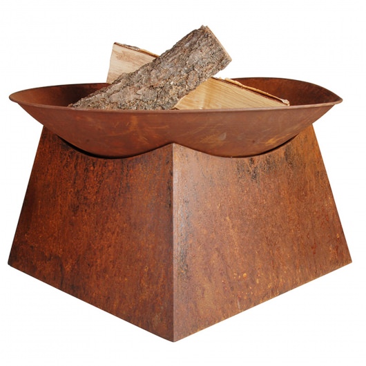 Rust-colored metal fire bowl with a wide, shallow top and a sturdy, square base, featuring logs stacked inside for burning.