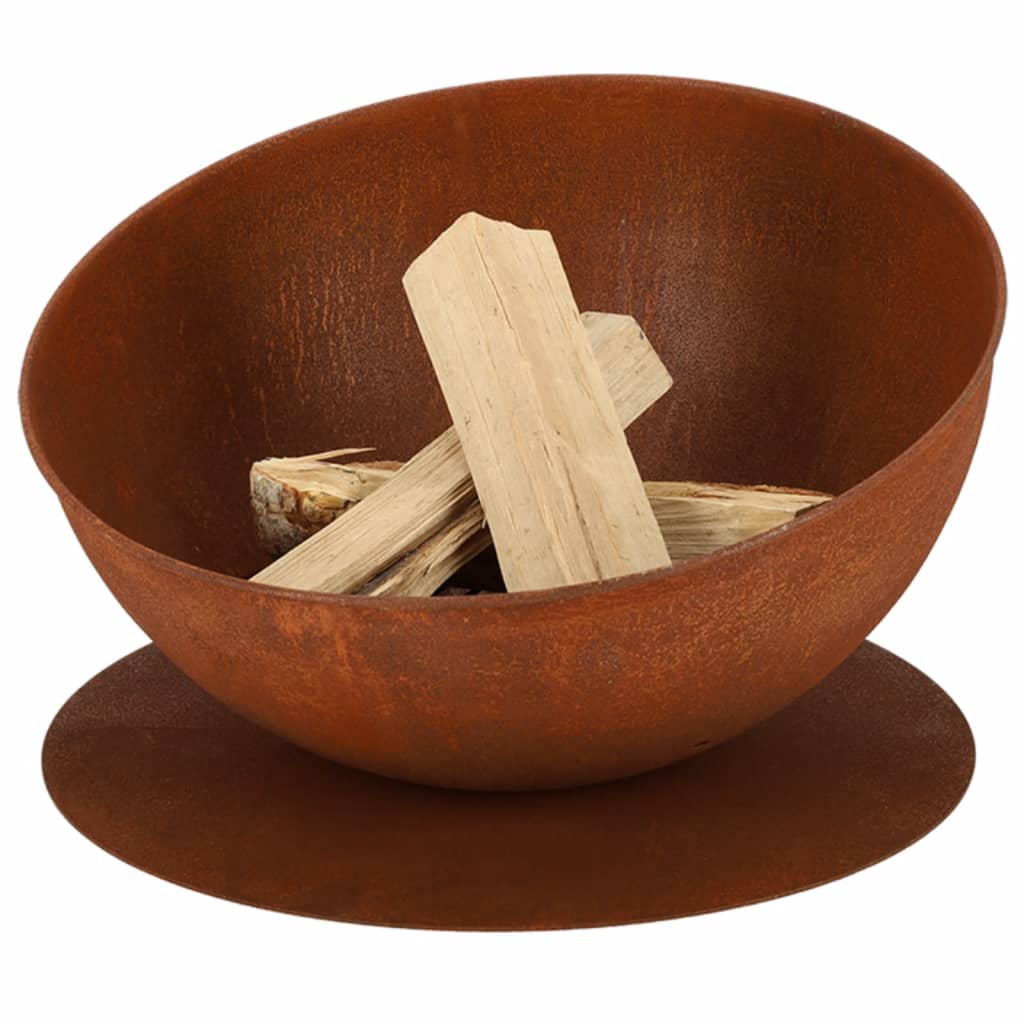 Rust-colored metal fire bowl with a sloping design, resting on a matching disc, containing wooden logs for burning.