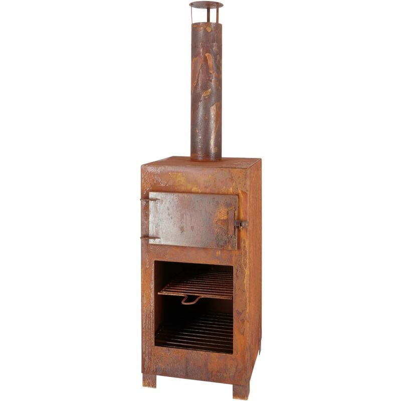 Brown metal terrace stove with a pizza oven, featuring a tall chimney, a front door with a handle, and a grill grate inside the lower compartment.