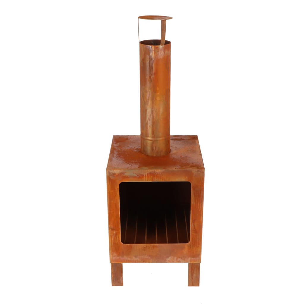 Rust-colored metal garden fireplace with a square base, open front, and tall chimney, featuring a handle on top and slatted interior for wood storage.