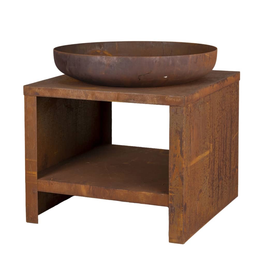 Rusty brown metal fire bowl atop a square wooden base with an open shelf for wood storage, featuring a smooth circular bowl design and a sturdy, industrial look.