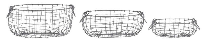 Three oval wire baskets in a rust-brown finish, featuring a sturdy metal construction with handles, arranged in a graduated size from large to small.
