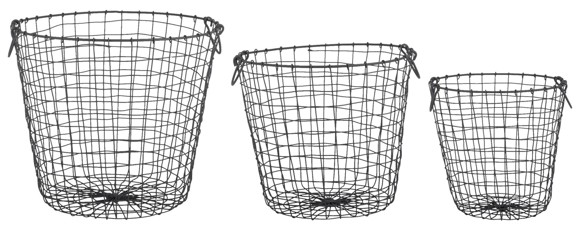 Three round wire baskets in varying sizes, featuring a dark metal finish, with a crisscross design and sturdy handles for easy carrying.