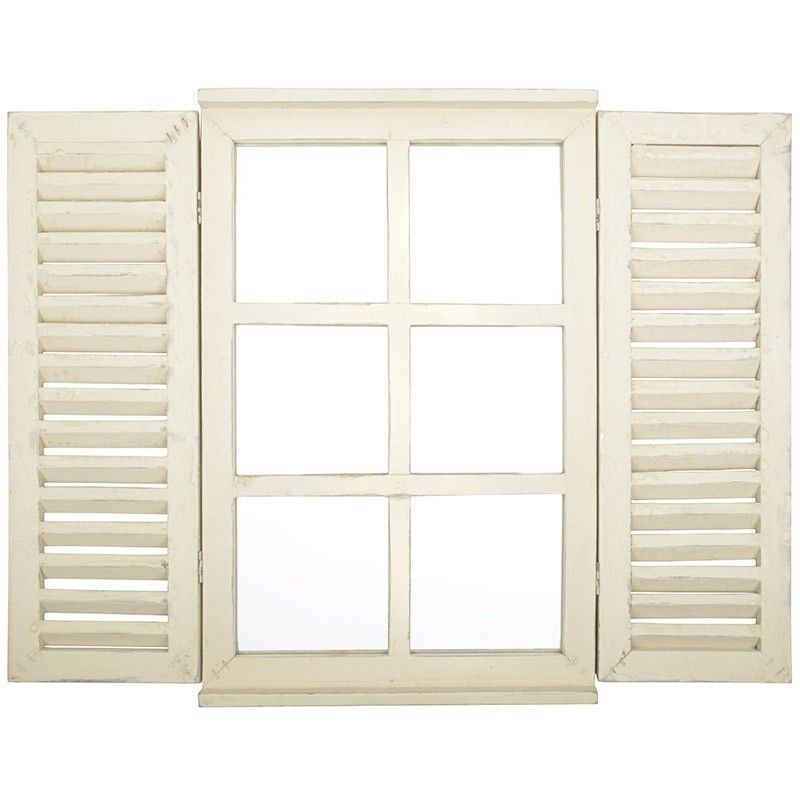 White shutter-style wall mirror featuring a rectangular frame with six panes and two hinged, slatted shutters on each side, made from wood for a rustic look.