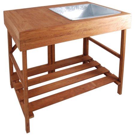 Hardwood potting table with a natural wood finish, featuring a galvanized metal sink and a lower shelf for storage, ideal for gardening tasks.