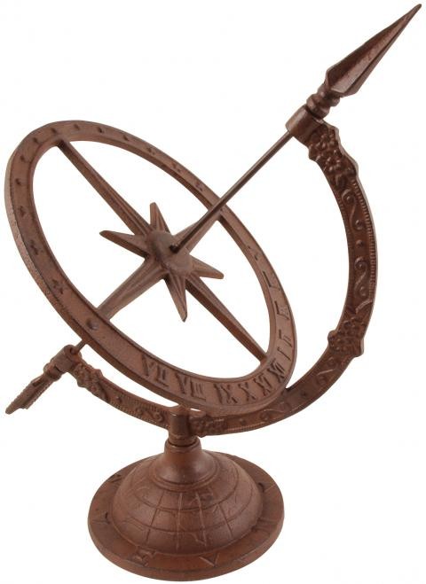 Small white cast iron garden sundial featuring a detailed compass design with a central gnomon, marked hour lines, and a sturdy round base.