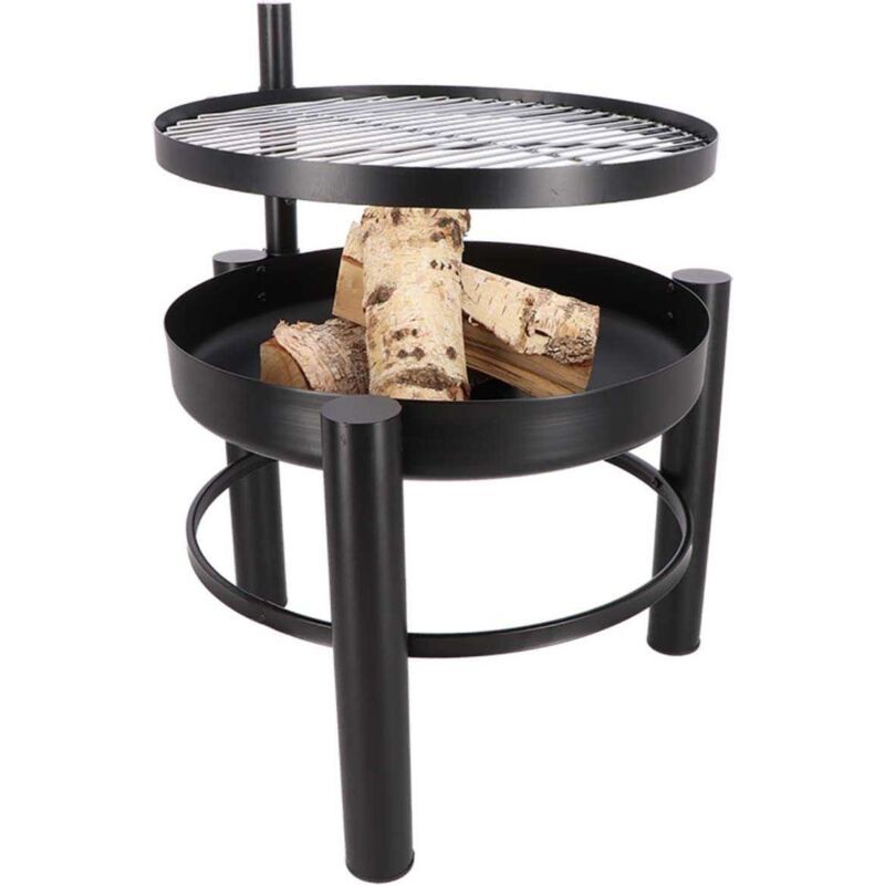 Metal fire pit with an integrated cooking grill, featuring a round black base, sturdy legs, and a circular grill top, designed for outdoor use, measuring 54 x 66.5 x 69 cm.