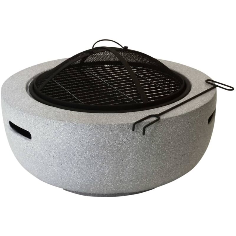Round, gray MGO fire pit with a textured finish, featuring a black metal mesh lid and grill, designed for outdoor use in backyards and patios.