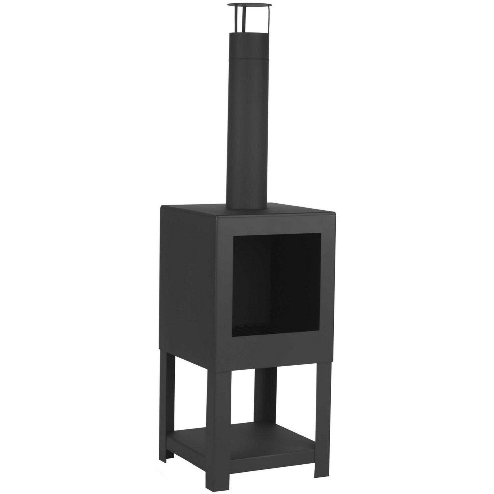 Square black terrace heater with a sleek design, featuring a chimney, open wood storage area, and sturdy legs, made from durable metal for outdoor use.