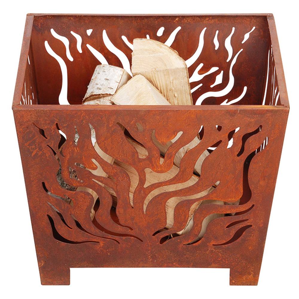 Square rusty firebasket in brown, featuring a decorative flame cut-out design, holding neatly stacked firewood inside.