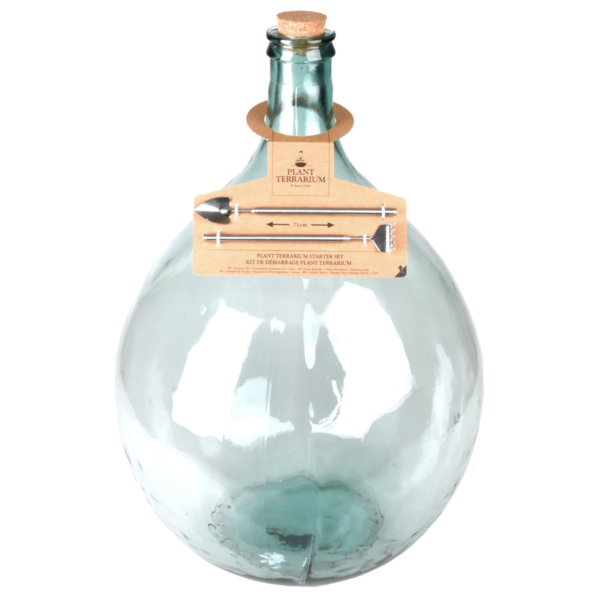 Extra large green glass terrarium bottle with a cork stopper, featuring a rounded shape and a label displaying tools for plant care.