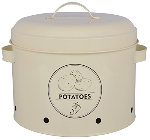 Cream-colored metal potato storage tin with a lid, featuring a circular label with an illustration of potatoes and the word "POTATOES," and ventilation holes along the bottom.