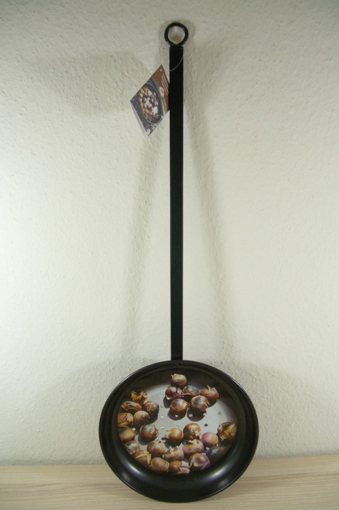 Black chestnut pan with a long handle, featuring a colorful design of roasted chestnuts on the base, hanging tag attached for branding.