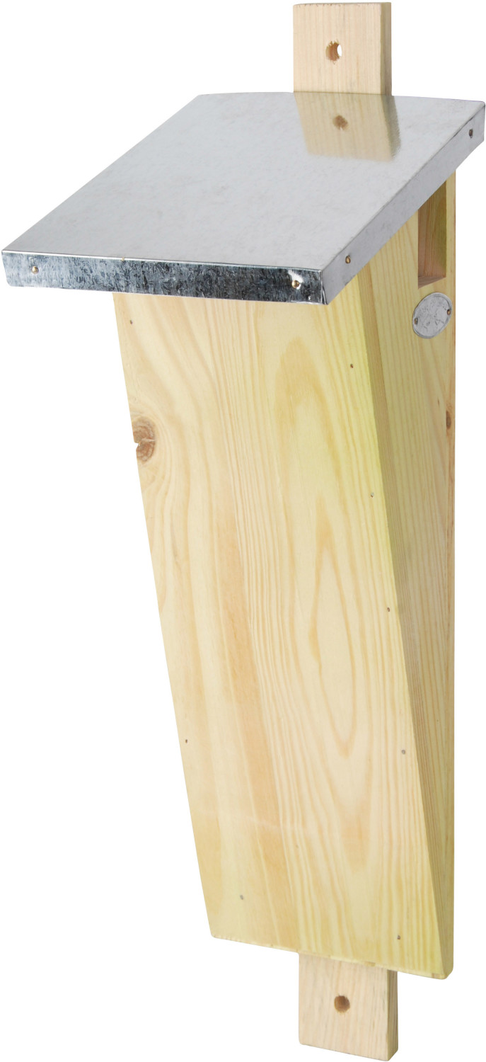 Wooden birdhouse with a slanted design, featuring a galvanized metal roof and a round entrance hole, designed for nesting birds, in a natural wood finish.