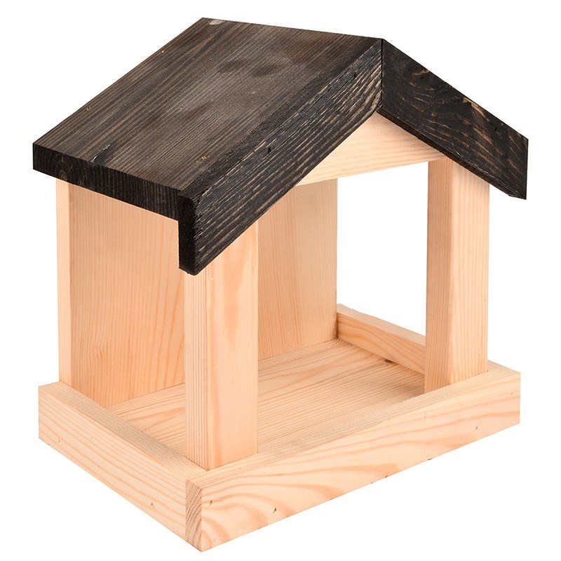 Wall-mounted wooden bird table in brown, featuring a slanted roof with a dark finish, natural wood grain, and an open design for easy access.