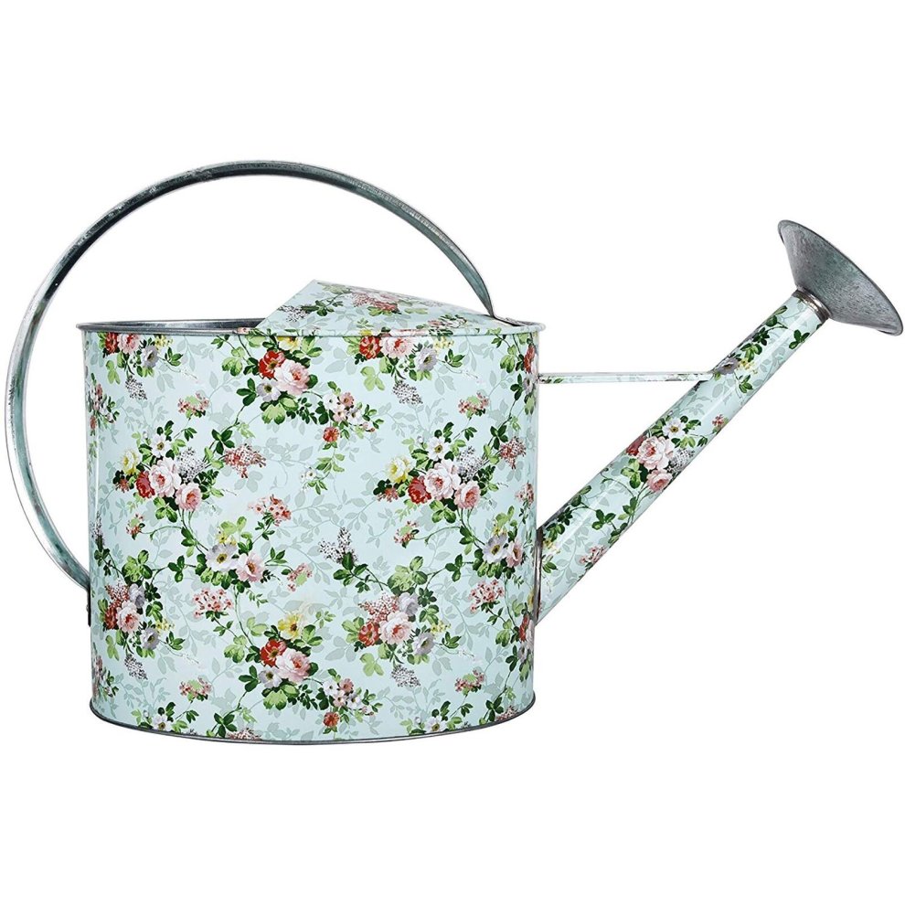 A light blue metal watering can adorned with a floral pattern, featuring a curved handle and a spout with a rose attachment for precise watering.