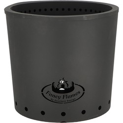 Black metal fire pit with a cylindrical shape, featuring a perforated design for airflow and a logo that reads "Fancy Flames" at the front.