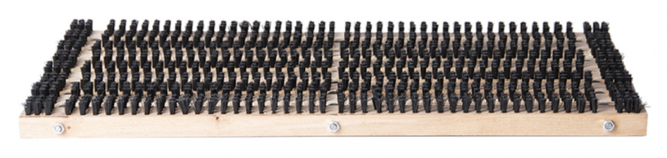Natural wood and nylon doormat measuring 38.3 x 58.2 cm, featuring a textured surface with black nylon bristles arranged in rows on a wooden base.