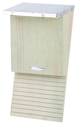 White wooden bat box with a sloped design, featuring a metal top and a slatted entrance, ideal for garden wildlife.