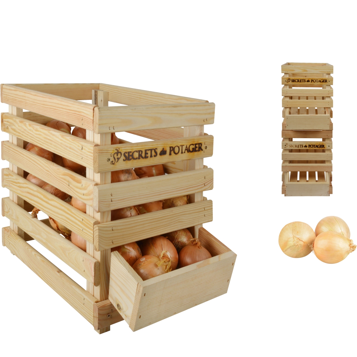 Wooden onion crate with a natural finish, featuring slatted sides and engraved "Secrets Potager" on the front, holding several onions inside and stacked with additional crates beside it.