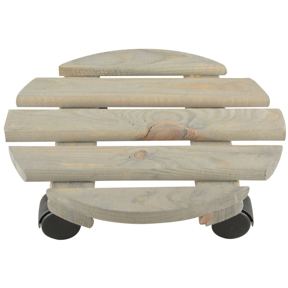 Light grey wooden plant stand with slatted design, featuring rounded edges and four black wheels for mobility, measuring 29 cm in diameter.