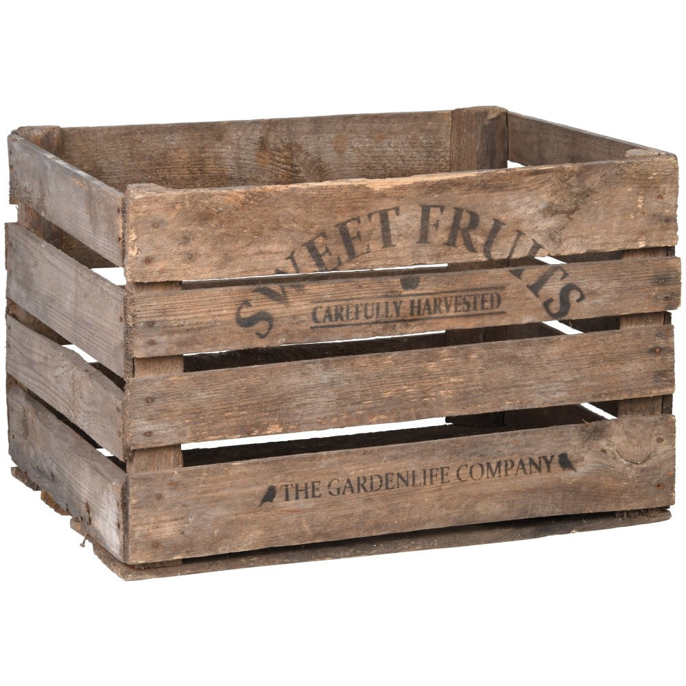 Wooden retro crate in a natural brown finish, featuring slatted sides and printed text "SWEET FRUITS" and "CAREFULLY HARVESTED" on the front, measuring 51 x 40 x 31 cm.