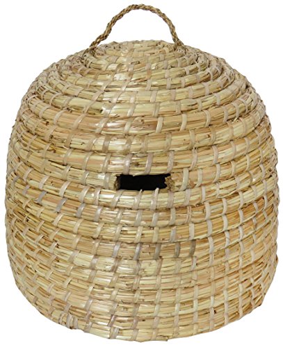 Round, woven straw bee house with a natural finish, featuring a small entrance hole and a handle on top for easy hanging or placement.