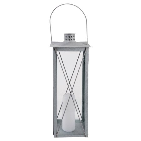 A tall, rectangular outdoor lantern made of galvanized metal, featuring a minimalist design with a handle, crossbar accents, and a white candle inside.